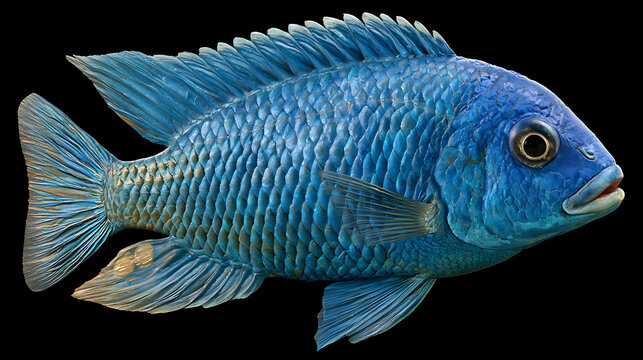 Blue cichlid fish with intricate scales is isolated on a black background