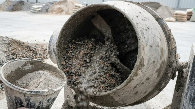 Rotating drum mixer blending fly ash powder with wet cement and gravel for sustainable concrete production