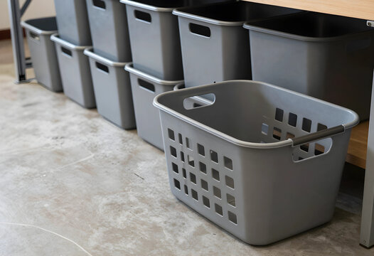 Organization and storage solutions, empty plastic laundry baskets and bins arranged on shelves for home decluttering and efficient space management