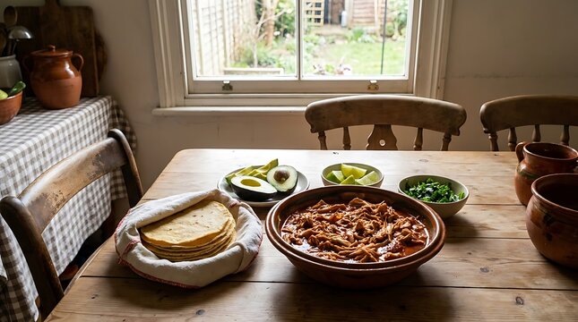 Traditional mexican food with pulled pork carnitas and warm corn tortillas on a wooden kitchen table. Chicken tinga