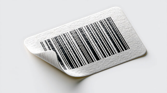 White barcode sticker with a peeling corner isolated on a light gray background