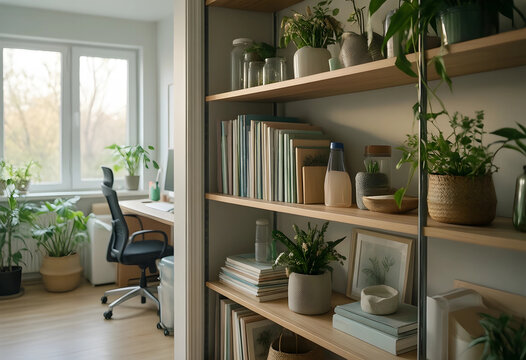 Remote work environment and home office organization, interior design with indoor plants and bookshelf in a bright workspace for freelance productivity