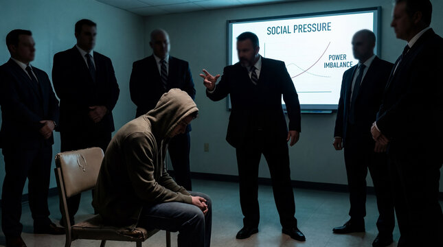 Hooded person social pressure power imbalance standing men seated person office room confrontation scene emotional distress group pressure authority figure business suit shadowy figure isolated