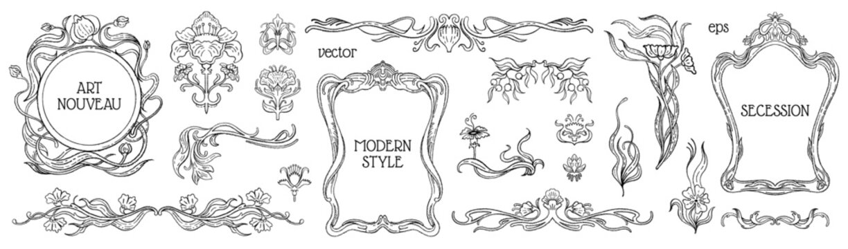 Art Nouveau frame, floral border ornament, flower element. Vintage vector ornate design. Mirror frame pattern. Flourish Art Nouveau, Baroque set. Plant corner border logo. Decorative pencil drawing bg