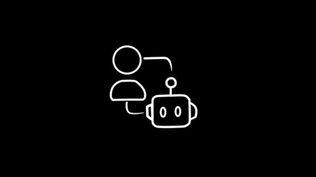 Minimalist white line art ai chatbot icon animation connecting with human user, smart artificial intelligence assistant motion graphic on black screen. 4k video