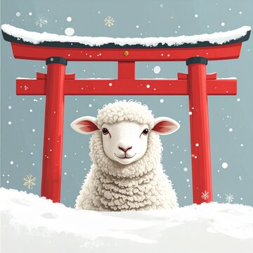 Cute sheep under snowy red torii gate, Japanese New Year 2027 greeting card illustration