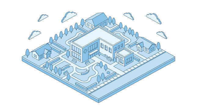 Isometric illustration depicts a school or campus environment with a large central building, smaller ancillary structures, and extensive landscaped grounds, outlined in blue and filled with light.