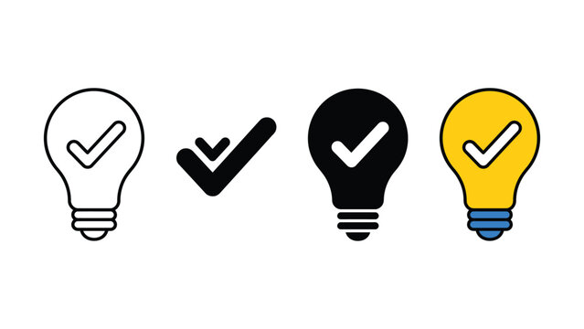 Set of light bulb icons with check mark symbols for creative thinking and good idea concepts