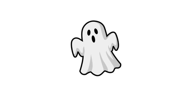 2d animation cartoon ghost icon on white background, spooky halloween illustration