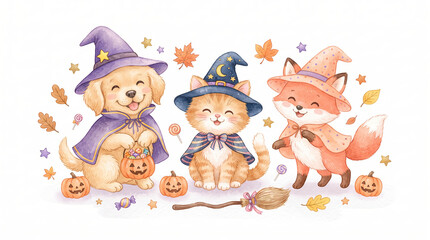 Fototapeta premium Cute animals wearing playful Halloween costumes and witch hats, surrounded by pumpkins, candy, autumn leaves, and festive decorations in a friendly children's holiday illustration.