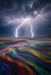 Obraz premium Climate change and extreme weather, lightning strike over a surreal landscape with colorful flowing energy fields and dark stormy clouds in the sky