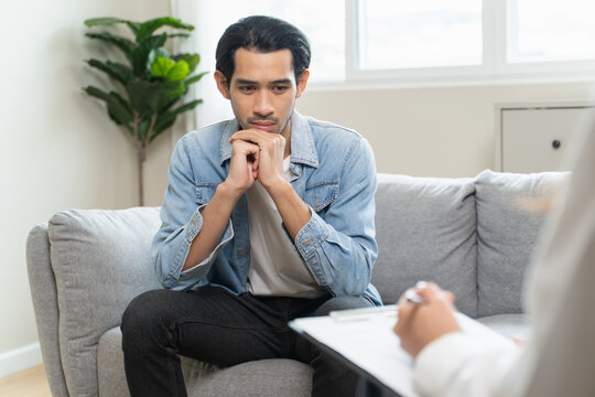 mental health care therapy concept, psychologist counseling to anxiety patient and giving guidance mental therapy care to cure mental health.