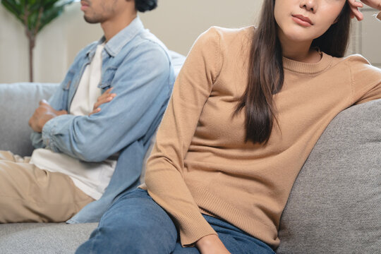 Breakup and depressed, asian young quarrel couple love fight relationship in trouble. Different people are emotion angry. Argue wife has expression upset with husband. Problem of family people.