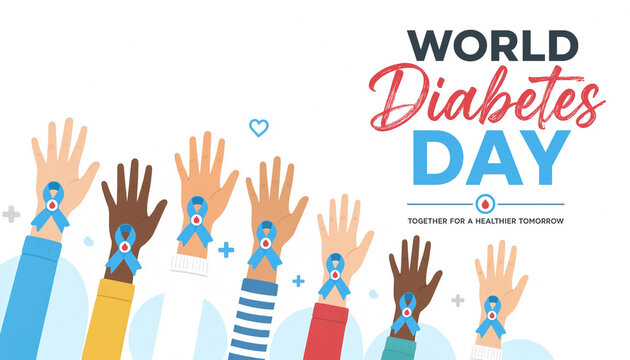 A diverse group of hands raised together wearing blue awareness ribbons to support world diabetes day for a healthier global tomorrow