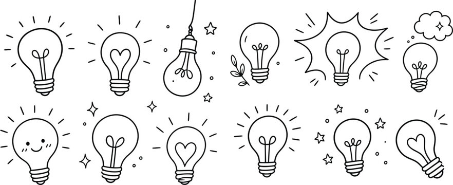 Hand drawn light bulb doodle icons set representing creative ideas and innovation with black and white problem solving innovation creative electricity invention collection inspiration