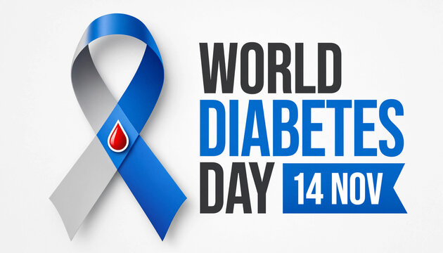 World Diabetes Day blue and grey awareness ribbon with red blood drop icon and bold typography on a clean white background