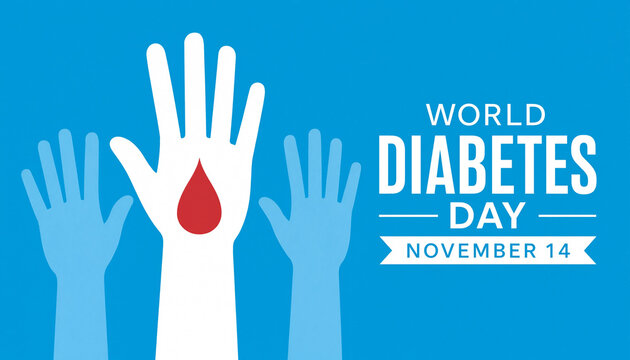 World Diabetes Day banner design with an illustrative concept of human hands raised up and a red blood drop symbol on blue background
