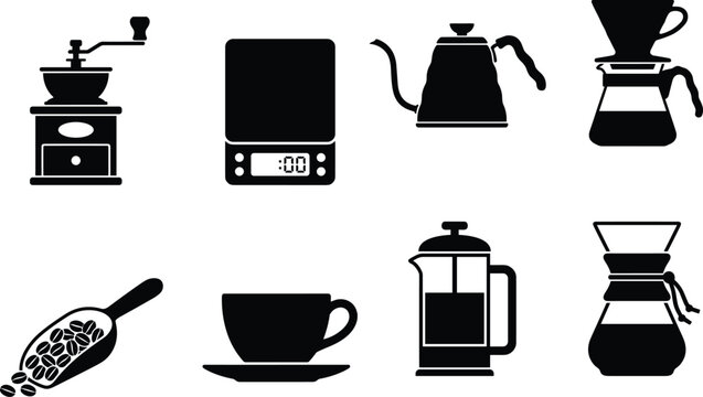 Black silhouette vector icons of coffee preparation equipment including grinders, kettles, drippers, presses, scoops, cups, and specialty makers