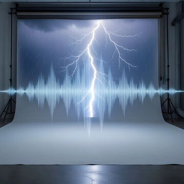 Energy crisis and power surge, lightning strike with digital sound wave frequency visualization in a studio setting for electrical grid failure