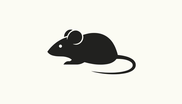 Black silhouette of small forest mouse animal icon representing wild rodent isolated on off white background.