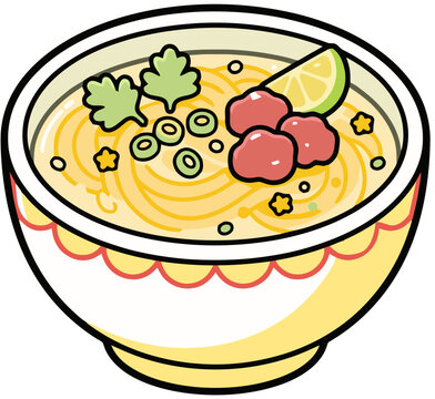 Cartoon illustration of a bowl of Vietnamese pho noodle soup with beef and herbs, perfect for Asian cuisine designs.