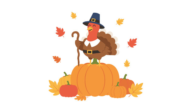 Cute thanksgiving turkey wearing traditional pilgrim hat standing on top of pumpkin with colorful autumn leaves.