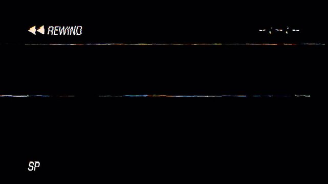old vhs tape rewind icon with digital scratch and glitch effect overlay. Retro vhs screen. camcorder overlay. Transparent background. 4K Video