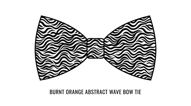 Very beautiful flat black and white vector illustration of a formal bow tie with completely flat and uniform solid abstract wave linework, crisp symmetrical shape, Label: "BURNT ORANGE ABSTRACT WAVE B