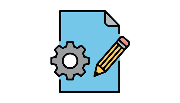 Blue sheet of paper with gear wheel and pencil depicting document editing, content creation, and project configuration.
