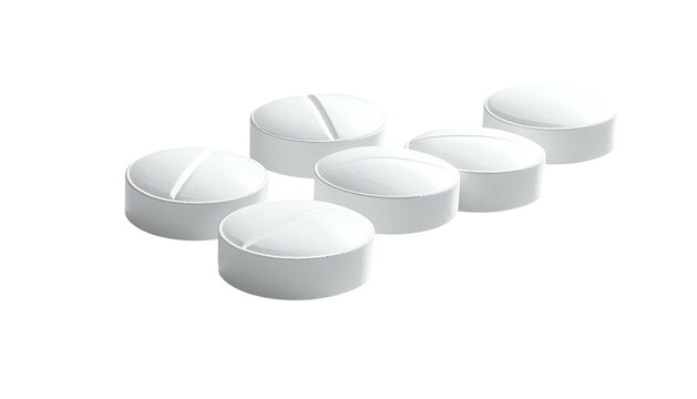 Six white, round tablets with a single score mark, casting soft shadows