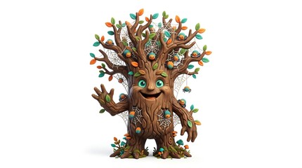 Fototapeta premium Friendly animated tree character with colorful leaves and a cheerful face waving hello against a clean white background concept