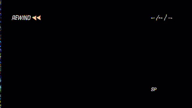 old VHS tape rewind icon with static noise and glitch interference. Retro footage. camcorder overlay. Transparent background. 4K Video