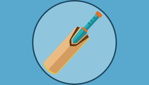 Flat design of a cricket bat illustrated inside a dark blue circular frame on a light blue background for sports theme.