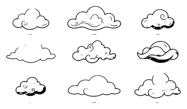 Minimalist vector illustration of nine stylized clouds arr set with simple line art design featuring outline, illustration, graphic elements with clean design and vector art