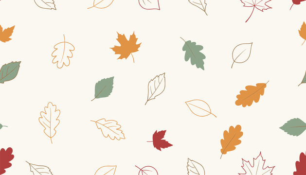 Seamless autumn pattern featuring scattered maple and oak leaves in warm fall colors over a cream background.