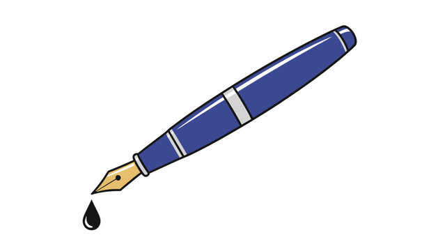 Classic blue fountain pen with a gold nib and a single black ink droplet falling down isolated on white background.