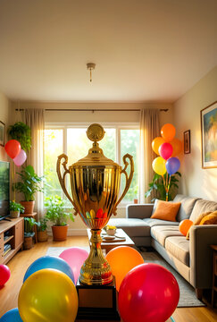 Achievement and success celebration, golden trophy cup with colorful balloons in a cozy living room for a party or award ceremony at home