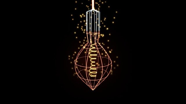 Glowing orange wireframe light bulb animation with floating magic particle sparks on black backgroun