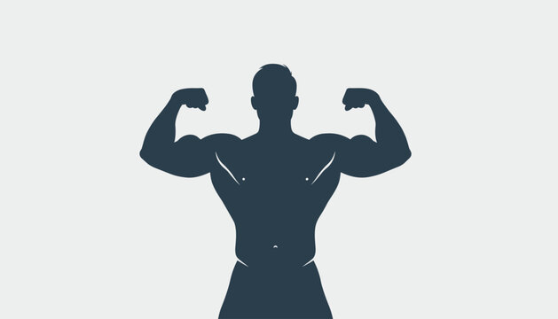 Strong male bodybuilder silhouette flexing double biceps against a light grey background representing fitness and strength.
