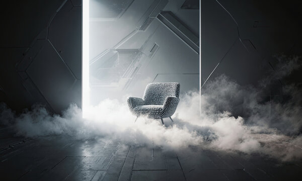 Nanotechnology armchair chamber futuristic silver chair sits in a dark misty sci-fi room with bright portal light and copy space