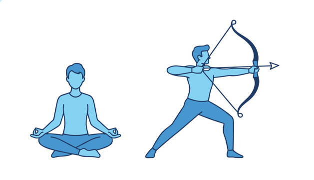 Two blue-colored figures depicting meditation and archery representing mental focus, concentration, and balance.