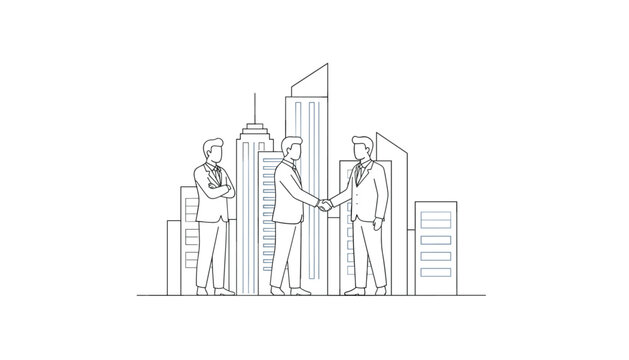 Line art of businessmen shaking hands against a city skyline representing successful corporate partnership and deals.