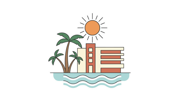 Beautiful beachfront hotel next to tall palm trees under a bright shining sun signifying summer resort and seaside holidays.