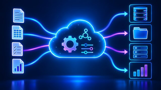 Advanced cloud computing architecture illustrating automated data processing and digital workflow management connecting folders documents and servers