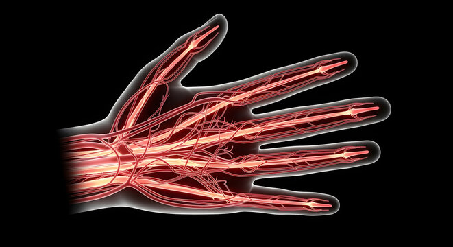 Anatomical medical representation of human hand veins and blood flow on dark background.