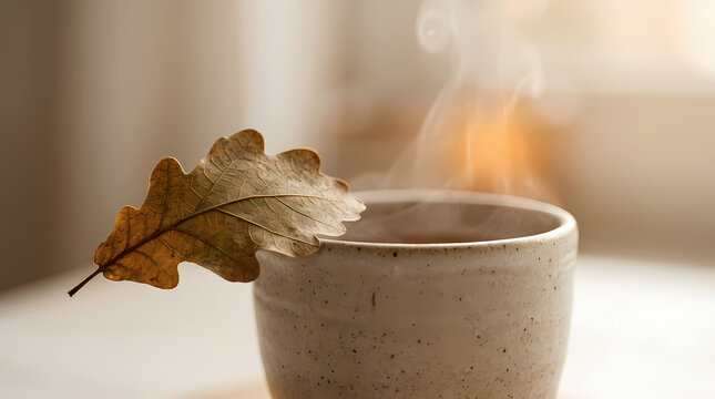 Steaming Cup of Tea with an Autumn Oak Leaf