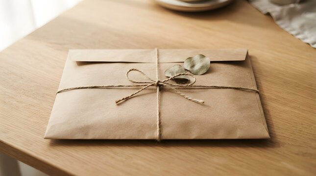 A wrapped gift on a wooden table.