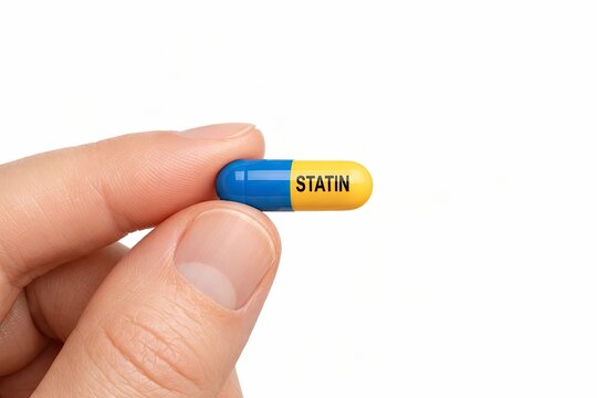 Hand holding single blue and yellow capsule pill labeled statin for cholesterol medication and healthcare treatment.