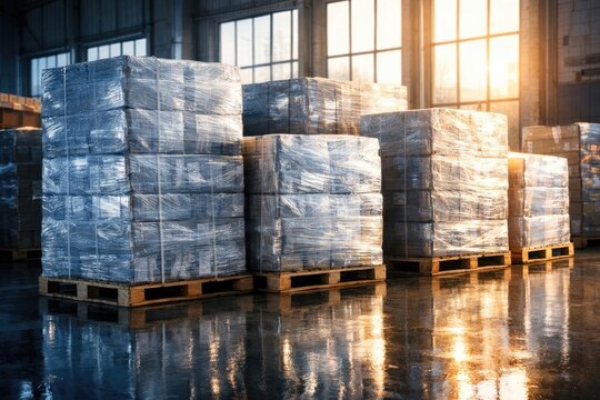 Industrial warehouse storage containing shrink wrapped pallets stacked on wooden bases inside spacious building facility perfect for shipping and logistics usage.