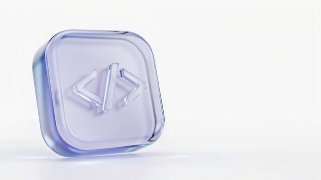 Glassmorphism coding icon with brackets, 3D frosted glass programming symbol, translucent purple software development button for web design